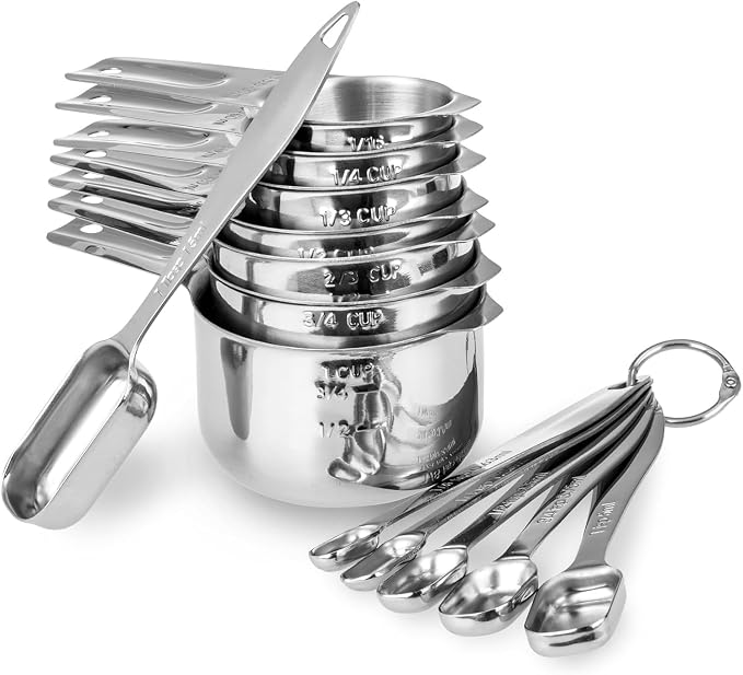 Stainless Steel Measuring Cups and Spoons Set, 13-Piece Metal Measuring Set with Engraved US & Metric Measurements, 7 Cups & 6 Spoons for Baking, Cooking & Meal Prep