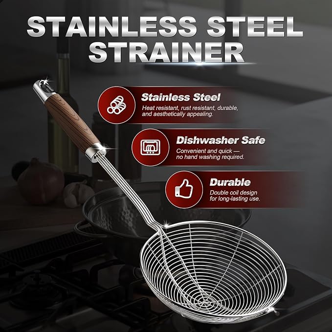IQCWOOD Spider Strainer Skimmer Spoon, 6.3" Stainless Steel Fryer Scoop for Deep Frying, Pasta and Vegetable, Kitchen Utensil Wire Strainer Ladle
