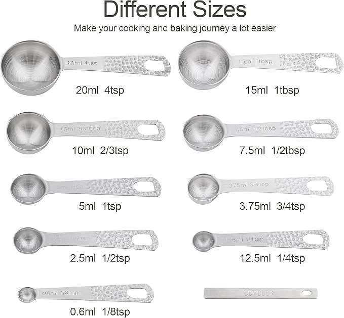 Measuring Spoons Set, 18/8 Stainless Steel Measuring Spoon Set 9 & Leveler, Metal Measuring Spoons for Baking, Kitchen Gadgets Measure Spoons, Measurement Spoons 1/8, 3/4, 4 tsp & 2/3 tbsp