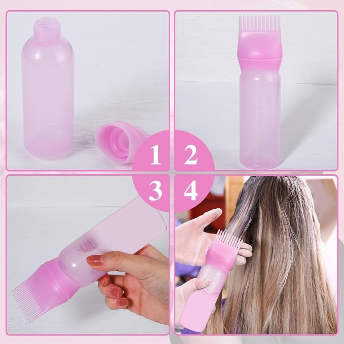 Pimoys 2Pcs 6Oz Root Comb Hair Dye Oil Applicator Bottles For Scalp, Pink | Plastic Squeeze Bottle Dispenser with Graduated Scale, Comb Tip Applicator For Hair Coloring Scalp Oiling, Home Salon Use