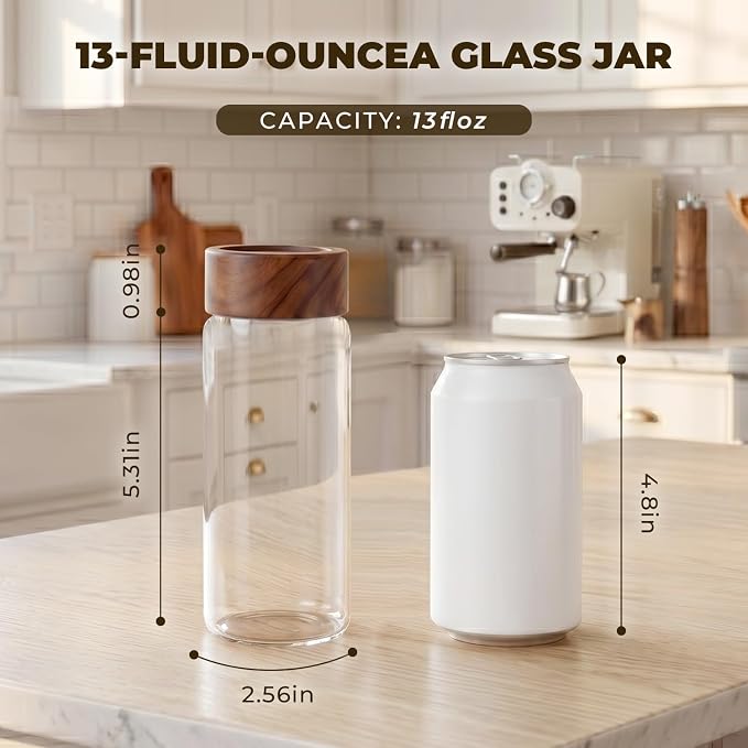 6 Pack 13 oz Glass Jars with Airtight Lids - 15cm Tall Aesthetic Glass Canisters for Coffee Bar, Loose Leaf Tea, Sugar - Decorative Apothecary Jars for Bathroom Vanity Organizers