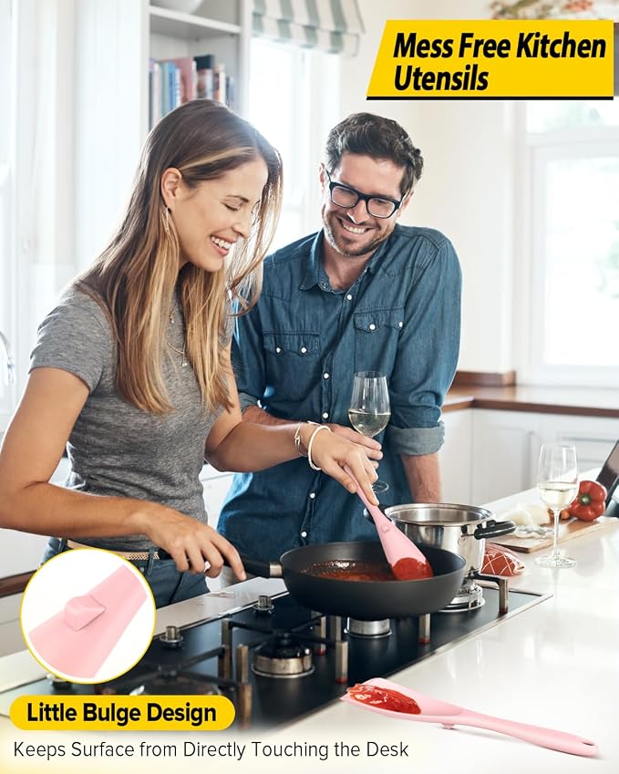 Pack of 2 Cooking Spoons for Non Stick Cookware, Multifunction Spatula Spoon BPA-Free, One-Piece Design, Suitable for Scooping, Scraping, Serving and Mixing (PINK)