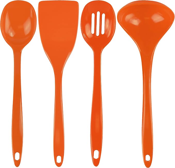 Reston Lloyd 100% Melamine Kitchen Utensil Set, Non Scratching Ladle, Spoon, Slotted Spoon & Spatula, Easy To Hold, Set of 4, Orange