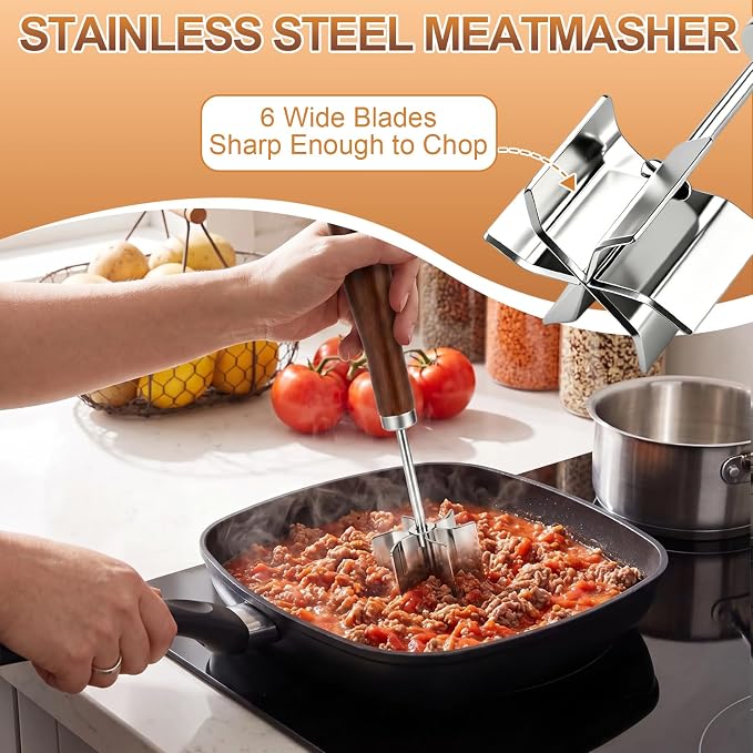 Stainless Steel Meat Chopper, 6 Curve Blades Beef Masher with Wooden Handle | 9.25 Inch Potato fruits Masher and tenderizes meat Hamburger Smasher, Mix and Chop Kitchen Tool for Taco Meat