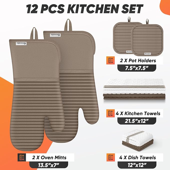 Oven Mitts Kitchen Towels and Dishcloths with Pot Holders Sets, Oven Gloves Hot Pads 500°F Heat Resistant with Silicone Grip, Include 2 Cooking Gloves/2 Potholders/4 Kitchen Towels/4 Dish Towels