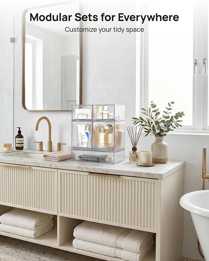 Vtopmart Clear Stackable Storage Drawers Set of 5, Plastic Organizer Bins | Multi-purpose Boxes for Baby Bottle Storage, Ideal for Kichen, Vanity, Bathroom, Undersink, Cabinet, Pantry Organization