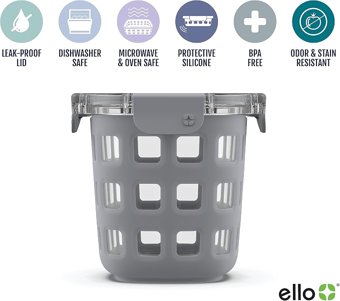 Ello DuraGlass Rounds Glass Food Storage Containers - Meal Prep Bowls with Silicone Sleeve and Airtight Lids, 3 Cup, Gray | 3 cup glass meal prep container with silicone sleeve, leakproof BPA-free lid, microwave, freezer and dishwasher safe