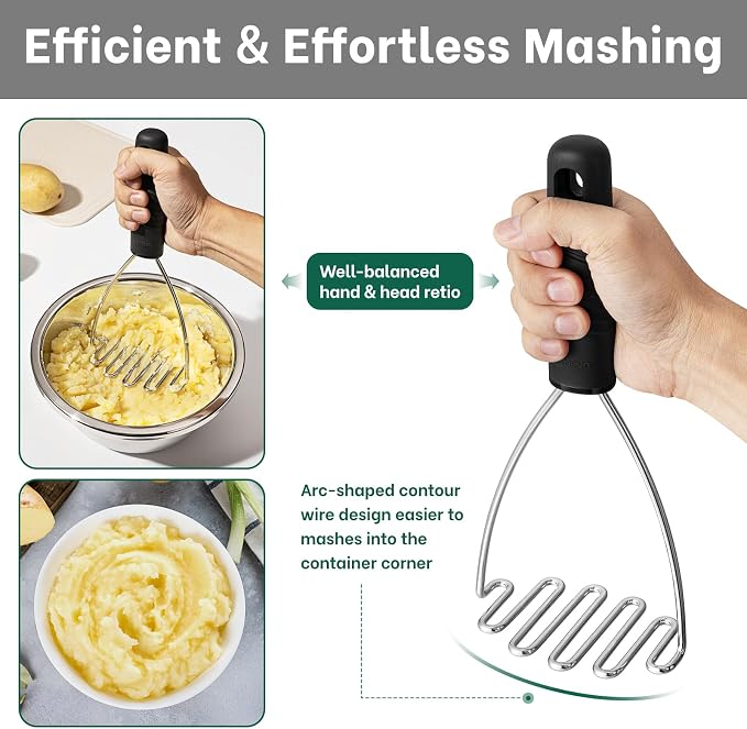 Beneno Thickened Reinforced Stainless Steel Wire Potato Masher, Ergonomic Non-Slip Grip Handle for Effortless Mashing, Rust-Proof & Dishwasher Safe Sturdy Kitchen Tool, Ideal Gift, Black