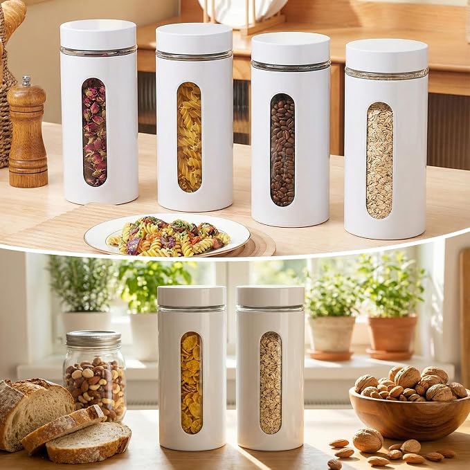 6 Pack Kitchen Canisters Set Airtight Coffee Sugar Tea Storage Jars with Window Glass Stainless Steel Containers with Lids for Flour Cookies Spices Grains Kitchen Decorations(White,44 oz)