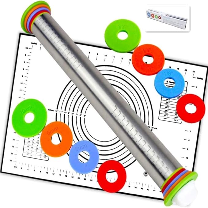 Adjustable Thickness Rings Rolling Pin and Silicone Baking Pastry Mat Set | Stainless Steel Dough Roller,Baking Supplies for Cookie Cake Pop Fondant Pizza Cake Pasta (Black)