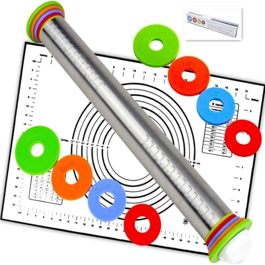 Adjustable Thickness Rings Rolling Pin and Silicone Baking Pastry Mat Set | Stainless Steel Dough Roller,Baking Supplies for Cookie Cake Pop Fondant Pizza Cake Pasta (Black)