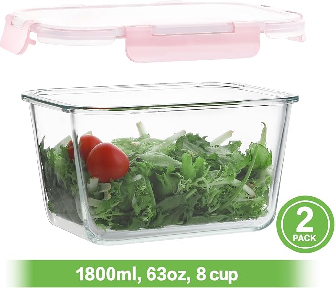HOMBERKING 4 Pieces 63oz/8cup Large Glass Food Storage Containers with Lids, Meal Prep Containers, Airtight Bento Boxes with Leak Proof Locking (2 Containers + 2 Lids), Microwave, Oven Safe-Pink