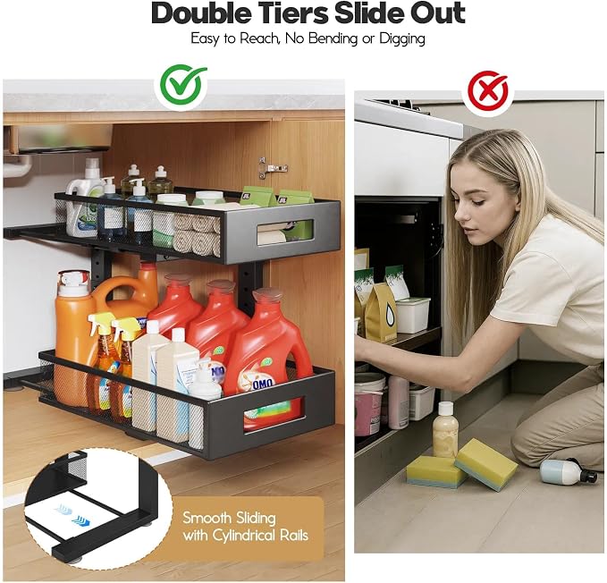2 Packs 19IN Depth Under Sink Organizer, 2-Tier Pull Out Cabinet Organizer With Smooth Circular Rail, Large Capacity Metal Mesh Sliding Drawers For Bathroom& Kitchen Storage,Height Adjustable –Black