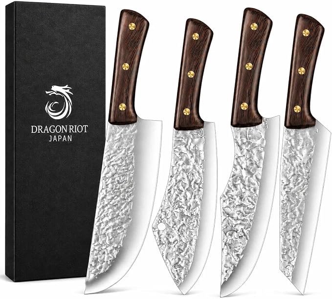 DRAGON RIOT Chef Butcher Knife Set for Meat Cutting, 4 Pcs Japanese Forged Chef Knives Set for Men and Women Gift for Men