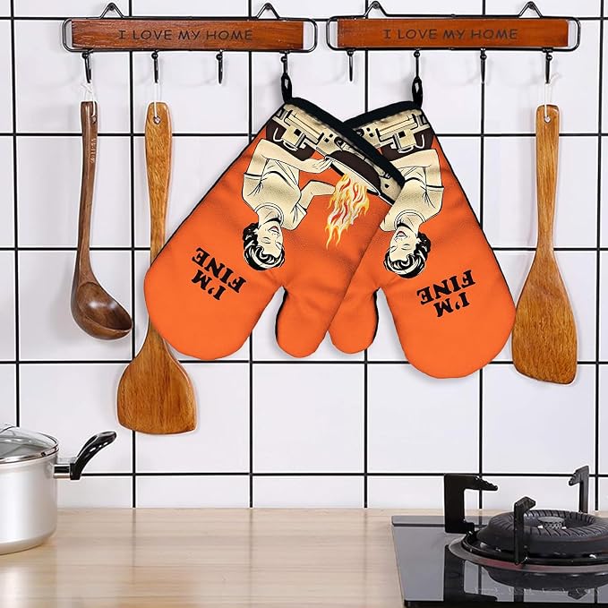 I am Fine, Funny Silicone Non-Slip Oven Mitts Sets of 2, Retro Cooking Baking Mitts, Kitchen Gift for Women, Housewarming Gifts, Cooking Baking BBQ Gifts