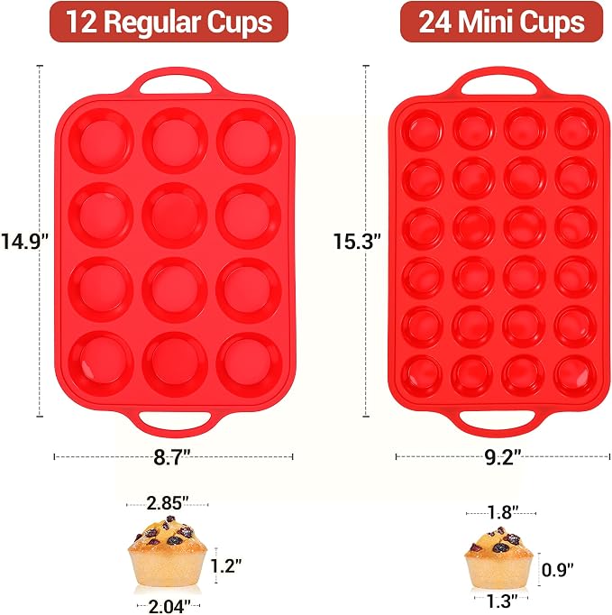 CAKETIME Silicone Muffin Pans for Baking, Metal Reinforced Frame Regular 12 Cups & Mini 24 Cups Cupcake Pan Set Nonstick Muffin Pan for Homemade Baking Easy to Handle