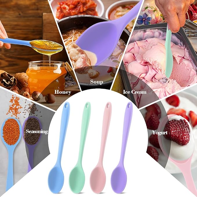 Silicone Spoons for Cooking,4 Pcs Large Serving Spoon Heat Resistant Cooking Spoon Utensils Nonstick Mixing Kitchen Spoons for Baking Serving Mixing and Stirring Dishwasher Safe,Pink,Gray,Blue, Purple