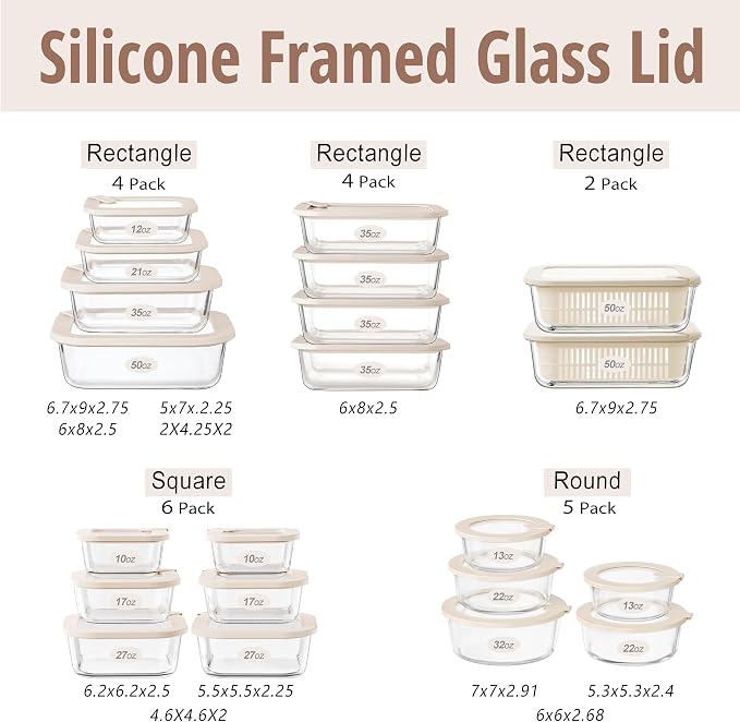 Glass Food Storage Containers with Glass Lids, Microwave Safe Food Container Set, Airtight Food Container Set, LeakProof, 100% Plastic Free, White Color, 4pack