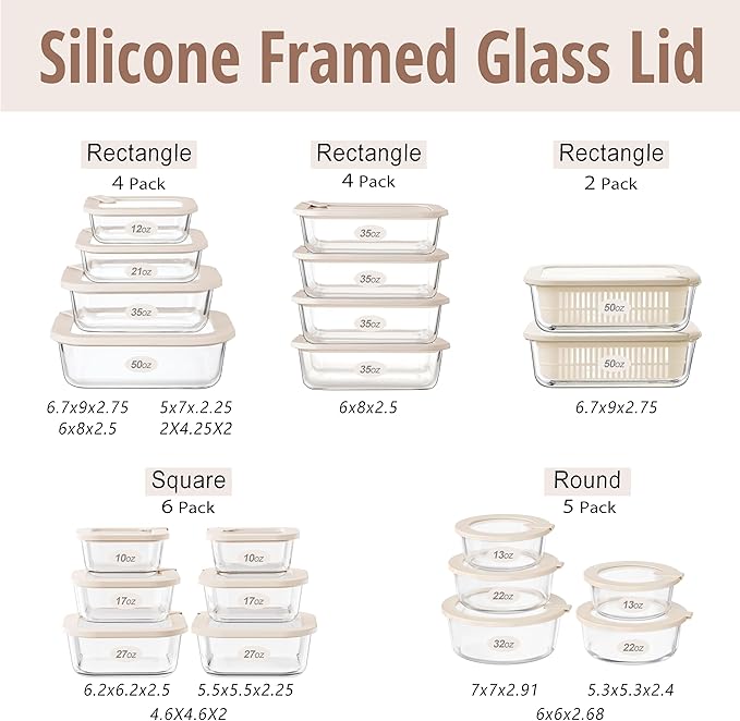 Glass Food Storage Containers with Glass Lids, Microwave Safe Food Container Set, Aitight Meal Prep Container Set, LeakProof, 100% Plastic Free, 4 Pack