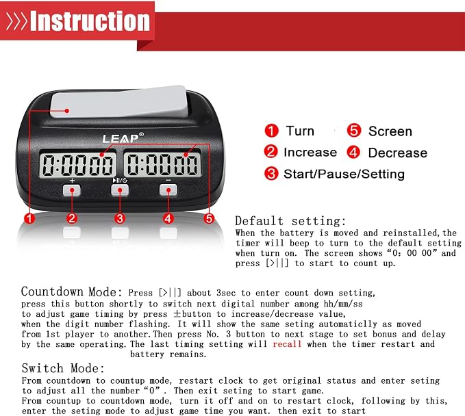LEAP Chess Clock Digital Chess Timer Professional for Board Games Players Count Up/Down Timer with Alarm Function Black (Official Store)