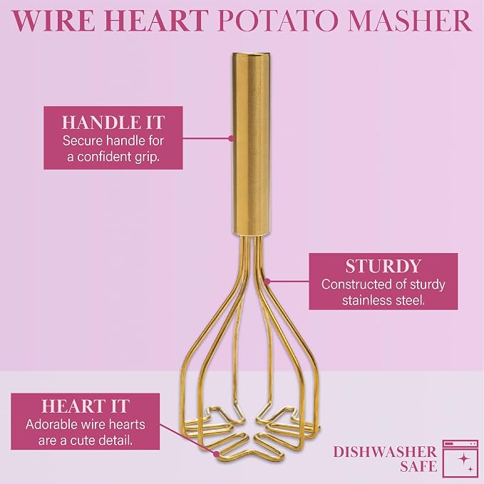 Paris Hilton Potato Masher, Durable Stainless Steel Construction with Heart-Shaped Wire Design, Dishwasher Safe, Pink