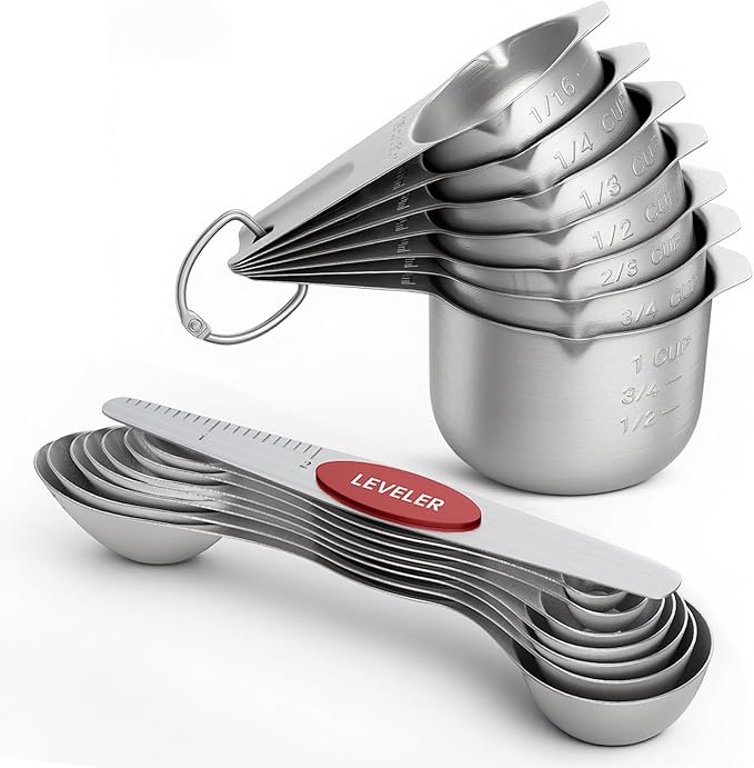 ChefAide Measuring Cups and Spoons Set, 304 Stainless Steel Measuring Cups Set of 7,8 Magnetic Stainless Steel Measuring Spoons & 1 Leveler for for Measure Dry and Liquid Ingredients