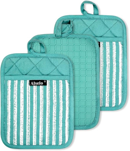 Alselo Silicone Pot Holders Set of 3 Heat Resistant & Non Slip Potholders, Professional Oven Hot Pads with Pockets Mitts for Kitchen Cooking Baking Barbecue