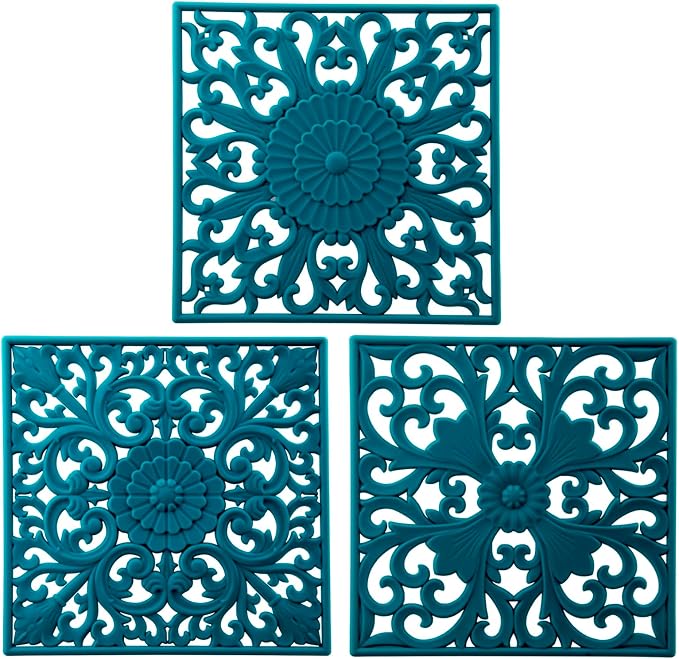 Silicone Trivets for Hot Dishes, Square Trivet Hot Pads for Kitchen Counter, Trivets Mats for Hot Pots and Pans, Thick Heat Resistant Mat for Quartzs, Kitchen Tabletops Pot Holder Set 3 Teal