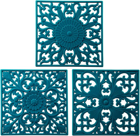 Silicone Trivets for Hot Dishes, Square Trivet Hot Pads for Kitchen Counter, Trivets Mats for Hot Pots and Pans, Thick Heat Resistant Mat for Quartzs, Kitchen Tabletops Pot Holder Set 3 Teal