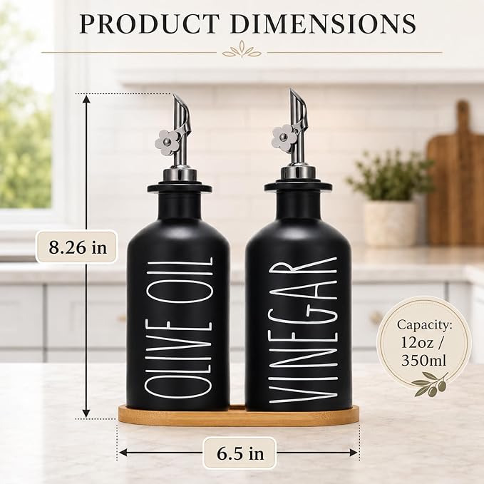 HOMCDALY Premium Olive Oil Dispenser for Kitchen, 11.8oz Glass Oil Bottles with Bamboo Tray, Black Oil&Vinegar Cruet Set, Kitchen Dispenser Bottles with Pourer | Set of 2 (11.8oz –P–Black)