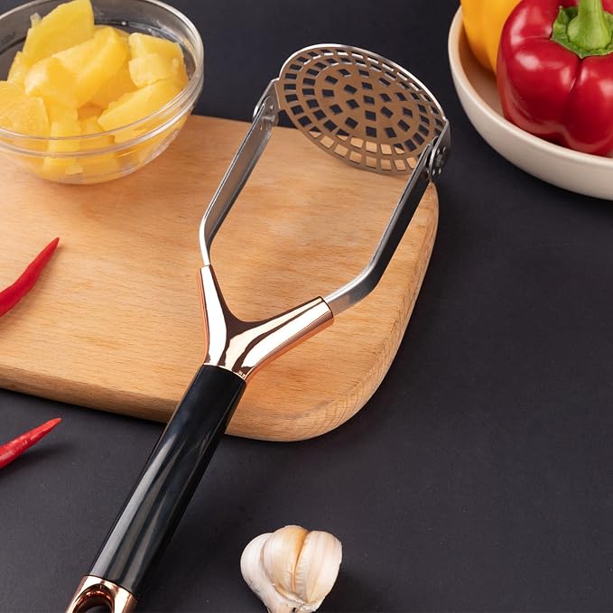 Potato Masher, Folding Stainless Steel Non Stick Non-Slip Mash Potatoes Masher 12 Inch Long Handle Saves Space Heavy Duty Bean Smasher Tool for Avocado, Bean, Rose Gold