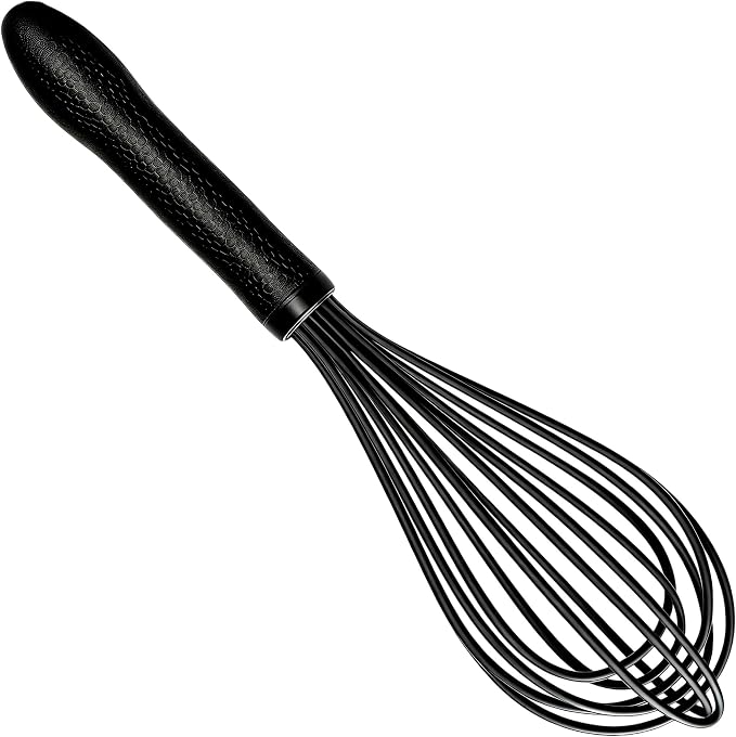 TEEVEA Silicone Whisk 11 Inch, Nonstick Heat Resistant for Cooking Baking | Black, food grade, dishwasher safe, stainless steel core, non-scratch, balloon shape, handheld, kitchen egg & batter mixing