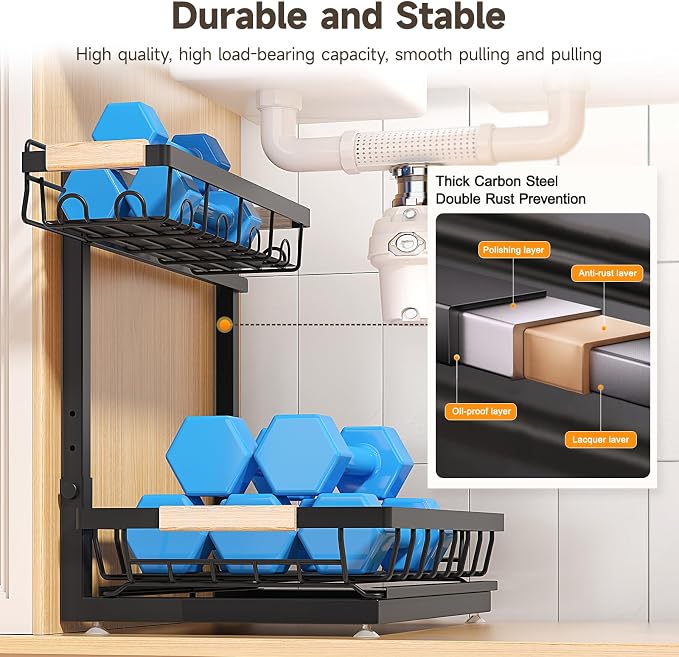 2-Pack 2-Tier Height Adjustable Under Sink Organizer & Storage | Multi-purpose storage for kitchen & bathroom cabinet. Large black shelf, height adjustable design for space-saving.