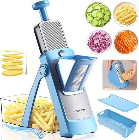 Jonscook 7-in-1 Safe Mandoline Slicer for Kitchen, Vegetable Slicer with Container, Veggie Chopper Cutter, Upgraded Tray & Stainless Steel Grater & Basket & Lid & Cleaning Brush (Blue Pro)