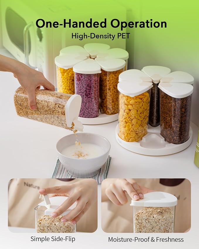 Rotating Food Storage Containers Set of 6, 23oz (690ml) Clear PET Jars with Dual Pour Lids, 360° Lazy Susan Pantry Organizer for Snacks, Cereal, Nuts, Oats & Dry Foods, Kitchen Grain Dispenser
