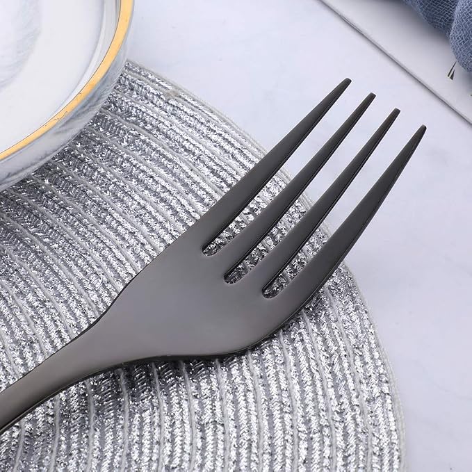 Long Handle Serving Set, 10 inch Stainless Steel Polished Serving Spoon, Fork, Slotted Spoons, Set of 3 (Black)