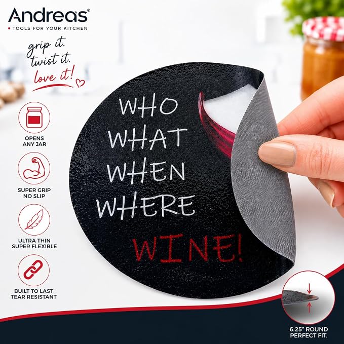 Andreas Silicone Jar Opener, What Wine – 6.25" Non-Slip Lid Gripper & Garlic Peeler, Food and Dishwasher Safe, Multi-Use, Durable Silicone & Fabric, Made in the USA, JO-420