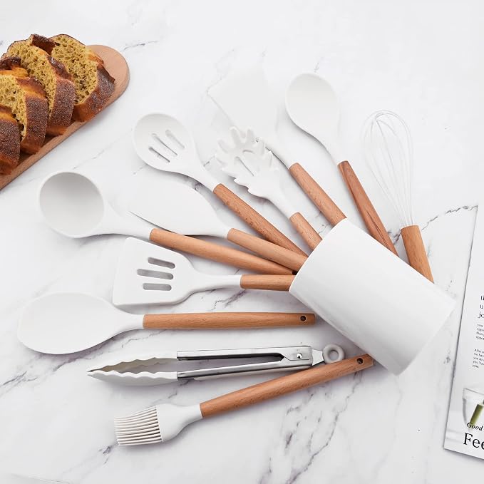 1pc White Silicone Solid Spoon with Wooden Handle, Heat Resistant Cooking Utensils, Mixing Spoon, Cooking Backing Spoons Set for Stirring, Mixing and Serving