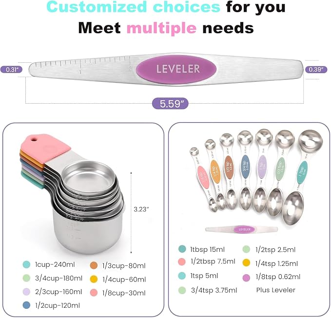 Magnetic Measuring Cups and Spoons Set, N52 Magnetic Nesting Design magnetic spoons, 304 Stainless Steel measuring cups, Dual-sided Design Set of 15 with Leveler for Dry & Liquid Ingredients
