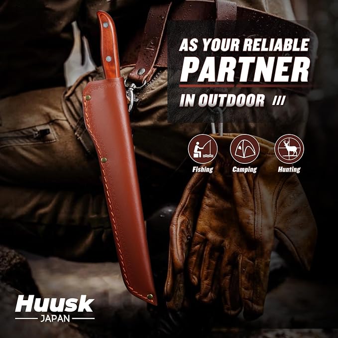Huusk Breaking Knife 10 Inch-Hand Forged Carving Knives for Meat Japanese Cimeter Curved Blade Butcher Knives Professional with Leather Sheath for Camping Outdoor BBQ