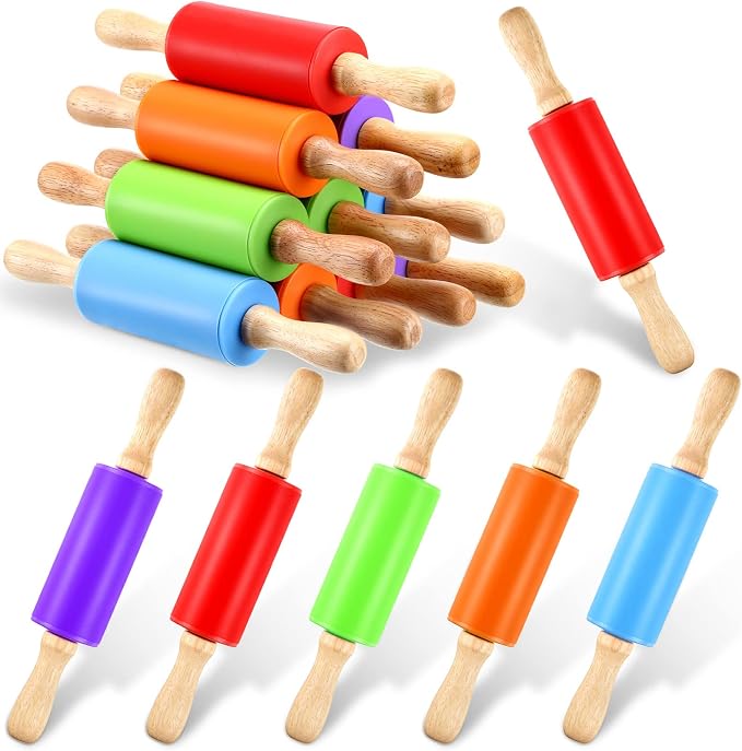 Thenshop 10 Pcs 9 Inch Mini Rolling Pins Kids with Wooden Handle, 5 Colors Silicone Non-stick Small Dough Roller for Kids, Home Kitchen Baking Supplies for Dough Clay Cookie Pastry Cake