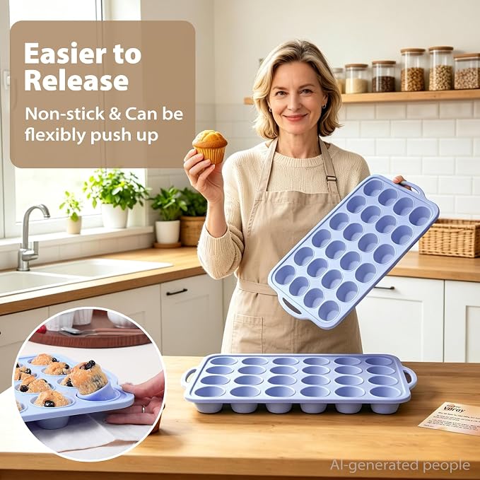 Blue Mini Silicone Cupcake Pan: 2 Pack 24 Small Cupcake Tin for Baking | Silicone Mini Cupcake Mold for Various Recipes - Trays with Metal Frame for Oven - for Home Bakers Vnray
