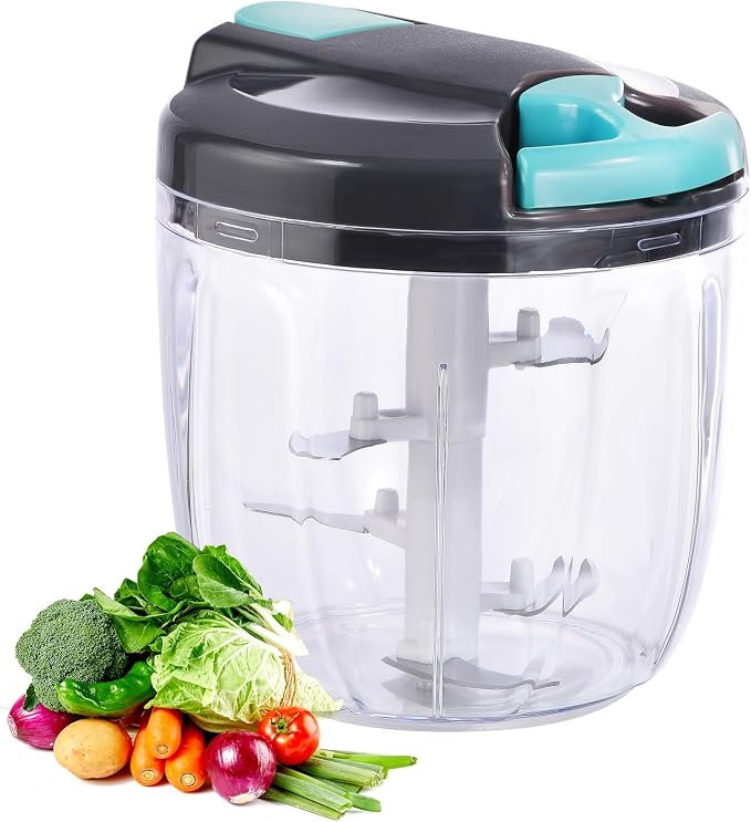 Manual Food Processor Vegetable Chopper, Portable Hand Pull String Garlic Mincer Onion Cutter for Veggies, Ginger, Fruits, Nuts, Herbs, etc., （900ml,Gray-blue）