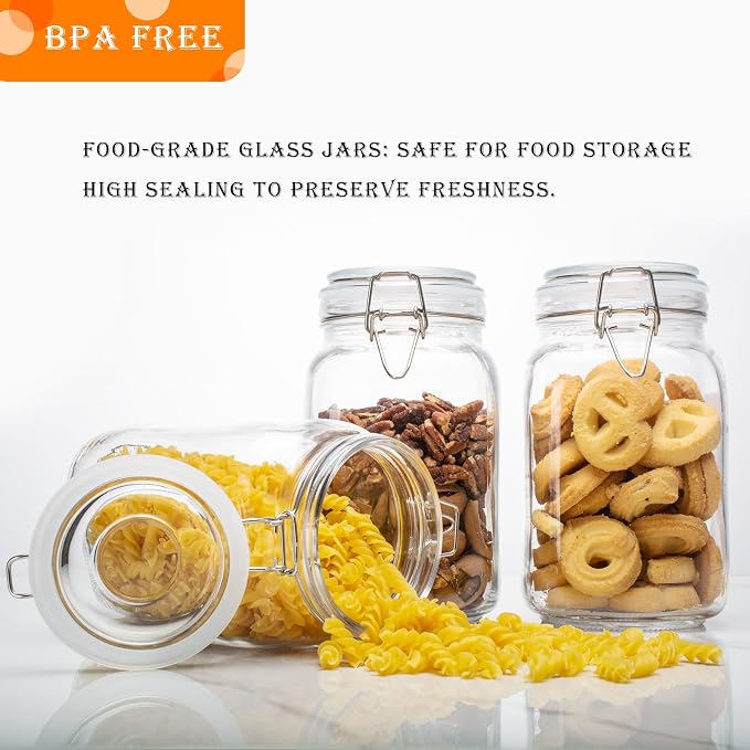 50oz Square Glass Food Storage Jars with Airtight Clamp Lids 3 Pack | Glass Storage Containers for Flour, Sugar, Rice, Coffee, Cereal, Sourdough Pickling and Canning, Mason Jar，Kitchen Canisters