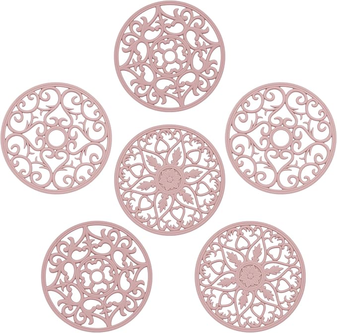 Silicone Trivet Mat for Hot Dishes Pots and Pans, Multi Purpose Trivets Mat -Heat Resistant Silicone Trivet Intricately Carved Hot Pads Set of 6 Pink
