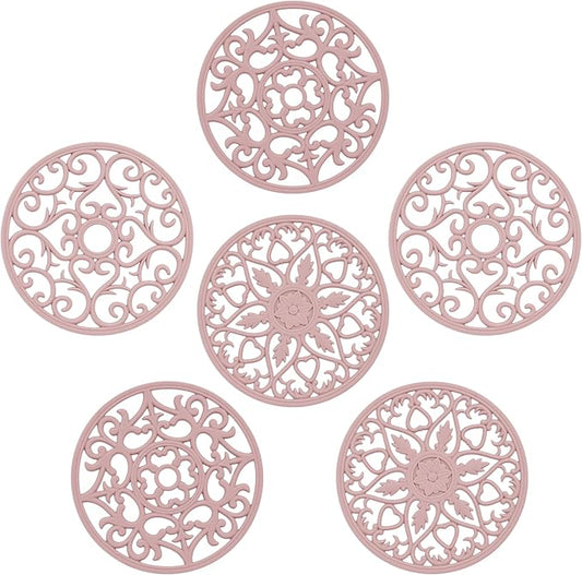 Silicone Trivet Mat for Hot Dishes Pots and Pans, Multi Purpose Trivets Mat -Heat Resistant Silicone Trivet Intricately Carved Hot Pads Set of 6 Pink