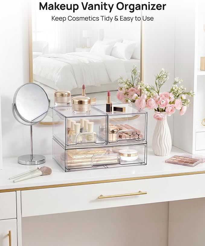 Vtopmart Clear Stackable Storage Drawers Set of 4, Plastic Organizer Bins | Multi-purpose Boxes for Bathroom Accessories, Beauty Supplies, Ideal for Cabinet, Shelf, Pantry, Laundry Room Organization