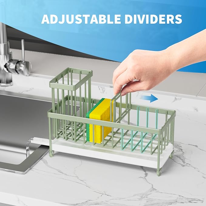 Cisily Sponge Holder for Kitchen Sink, Sink Caddy Organizer with High Brush Holder, Kitchen Countertop Organizers and Storage Essentials, Rustproof 304 Stainless Steel (Sage Green, 9.25″)