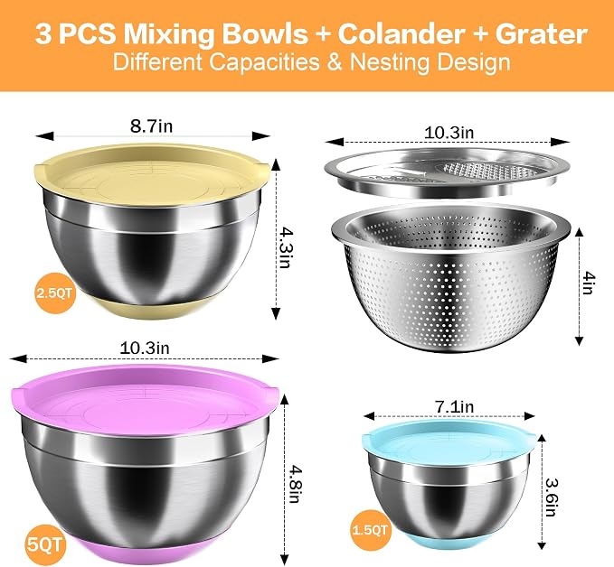 Nicdiet Mixing Bowls with Airtight Lids, Stainless Steel Mixing Bowl Set with 3 Metal Nesting Bowls, Colander & Grater, Non-Slip Bottoms, Size 1.5, 2.5, 5 QT, Great for Mixing & Serving, Mutilcolor