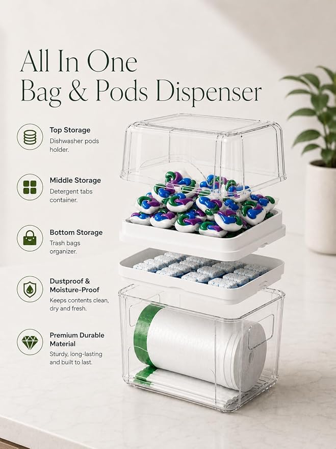 Trash Bag Dispenser & Dishwasher Pods Organizer, Clear Acrylic Garbage Bag Holder Under Sink Organizer With Removable Lid, Laundry Pods Container for Kitchen Pantry Laundry Room (3IN1 Dispenser)